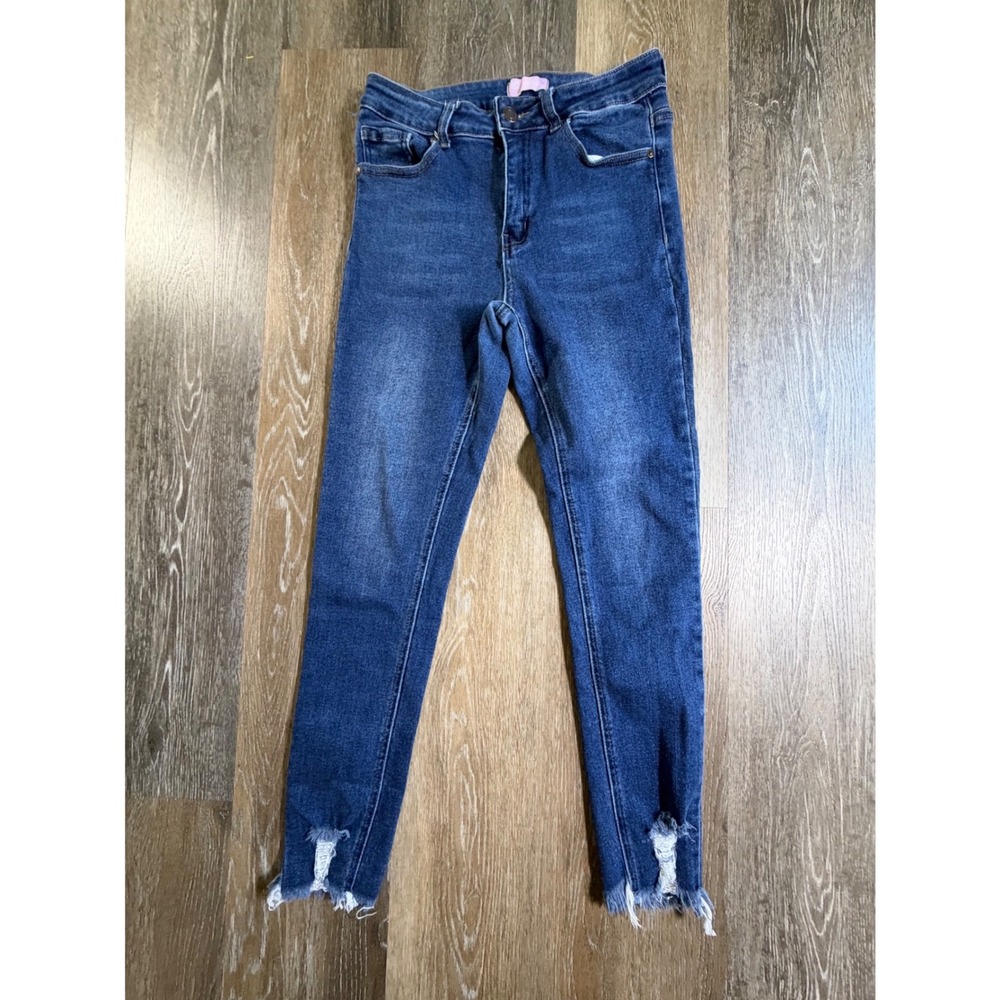 Bamboo Skinny Jeans Womens Size 11 Blue Distressed Raw Hem High Rise Stretch